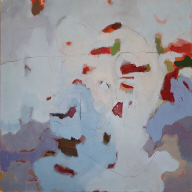 an oil piece on canvas with a primarily pale blue and lavender background. there are large purple and gray clumps of color toward the bottom corners, and small scattered red, green, dark red, and peach colored confetti-like shapes scattered throughout the piece. there are a few thin gray lines winding throughout the piece
