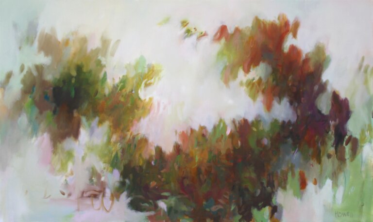 an oil piece on canvas with primarily pastel background with a multi colored abstraction on the canvas in a leaf-like pattern in deep reds, maroons, greens, and browns