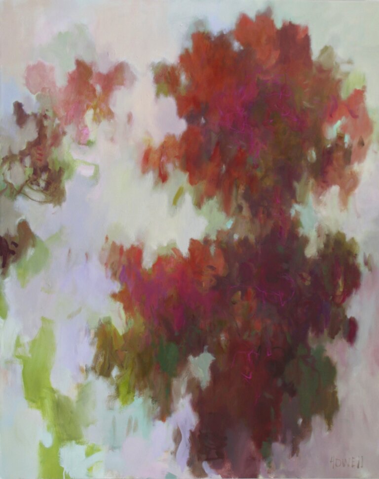 an oil piece on canvas with primarily pastel background with a multi colored abstraction on the canvas in a leaf-like pattern in deep reds, maroons, greens, and browns