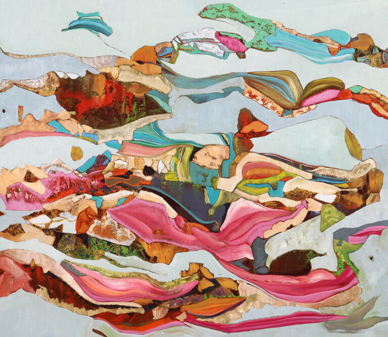 abstract painting that looks like a slice of sediment in reds, rosy pinks, turquoise, tans, mint, tawny brown and some gray