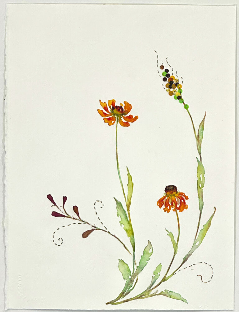 a mixed media piece on a blank white background featuring a thin stem of two reddish rudbeckia flowers with dark brown centers. there is another flower, shaped like a lavender blossom, but made up of multicolored sequins