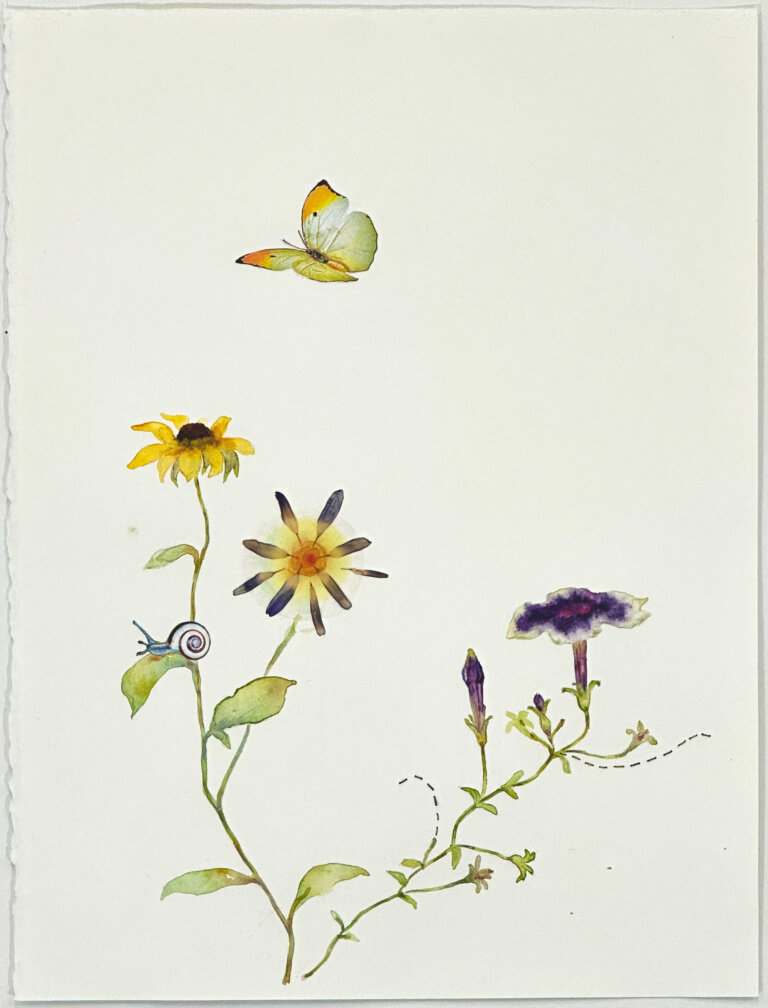 a mixed media piece on a blank white background featuring a few light green stems of flowers. there is a few petunia blossoms as well as a yellow flower with a brown center, a purple flower with a radiant orange and yellow center, and a few purple blossoms. there is a blue snail with a swirly white and purple shell on a leaf, and a pale yellow butterfly with orange tipped wings floats above the blooms.