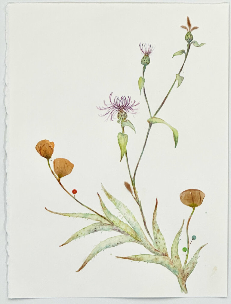 a mixed media piece on a blank white background featuring a few light green stems of flowers. there is a pale pink fringey flower along with a few orange petaled flowers. the artist has detailed the stems with thread and colored sequins