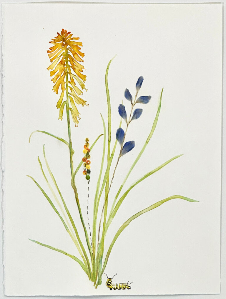 a mixed media piece on a blank white background featuring a few light green stems of flowers. there is a cluster of blue petals on one stem, a torch lily flower on another, and a cluster of sequins in the shape of lavender on a thin stitched stem. at the base of the stems, there is a monarch butterfly caterpillar, striped yellow, black, and white