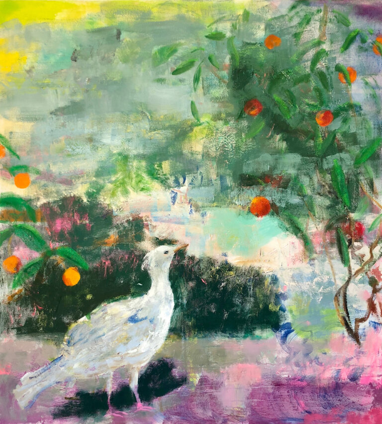 an abstract interpretation of a white bird in a fruit garden. the background is a hazy blur of color: magenta, lemon, sage, emerald, bubblegum pink, and cobalt