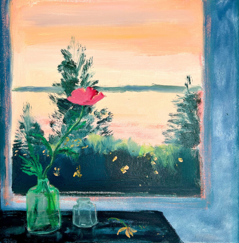 an impressionistic still life of a clear glass vase bearing a single pinky red blossom on a navy table next to an empty short glass vase and a yellow flower laying on the table in front of a window. through the window is a hazy view of greenery and a vibrant sunset/sunrise in hues or orange, peach, pink, pale lemon, and light rose.