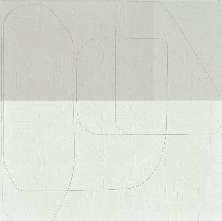 an abstract mixed media piece on canvas. the top half of the piece is a pale gray, and the bottom half is white. there is a thin line that snakes its way across the canvas. On the surface, this canvas appears as though it consists of lines that form abstract shapes, atop geometrically straight rectangles, all applied by the stroke of a paintbrush. However, as you step forward the lines of these shapes disconnect from the canvas and you notice each was placed on by hand: using hand-cut, extremely fine thin strips of paper masterfully layered upon the canvas. Moreover, once this realisation sets in, you suddenly become aware of an entirely new layer of texture. Different hand-cut shapes of paper adhere to the canvas before any painting takes place. Creating a degree of texture and depth to delightfully unexpected.