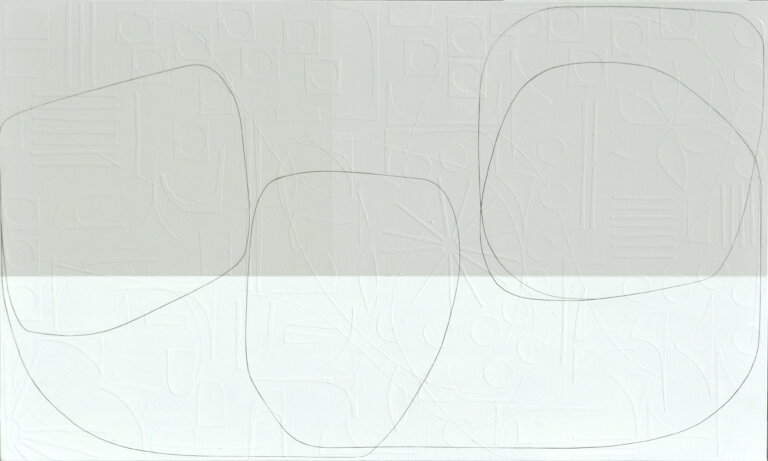 an abstract mixed media piece on canvas. the top 3/5 of the piece are a pale green-gray color, and the bottom is white. there is a thin black line that snakes its way across the canvas. On the surface, this canvas appears as though it consists of lines that form abstract shapes, atop geometrically straight rectangles, all applied by the stroke of a paintbrush. However, as you step forward the lines of these shapes disconnect from the canvas and you notice each was placed on by hand: using hand-cut, extremely fine thin strips of paper masterfully layered upon the canvas. Moreover, once this realisation sets in, you suddenly become aware of an entirely new layer of texture. Different hand-cut shapes of paper adhere to the canvas before any painting takes place. Creating a degree of texture and depth to delightfully unexpected.