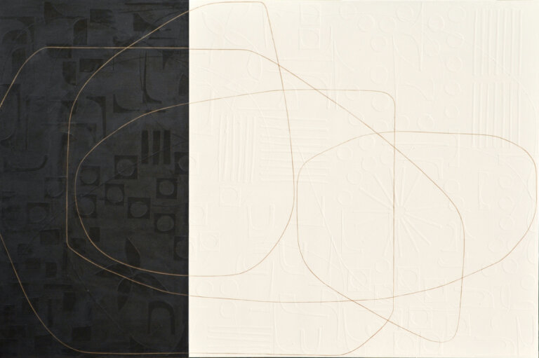 an abstract mixed media piece on canvas. the left third of the piece is black, and the right two thirds are a cream color. there is a thin line in pale brown that snakes its way across the piece. On the surface, this canvas appears as though it consists of lines that form abstract shapes, atop geometrically straight rectangles, all applied by the stroke of a paintbrush. However, as you step forward the lines of these shapes disconnect from the canvas and you notice each was placed on by hand: using hand-cut, extremely fine thin strips of paper masterfully layered upon the canvas. Moreover, once this realisation sets in, you suddenly become aware of an entirely new layer of texture. Different hand-cut shapes of paper adhere to the canvas before any painting takes place. Creating a degree of texture and depth to delightfully unexpected.
