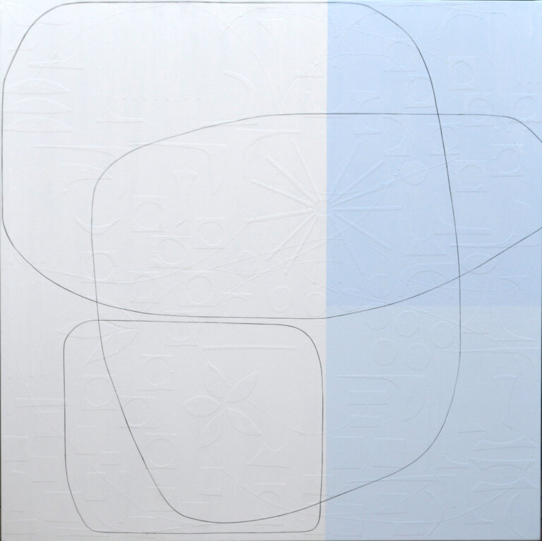 an abstract mixed media piece on canvas. the right 2/5 of the piece are painted light blue (the bottom right corner features an even lighter blue square) and the right 3/5 of the piece are white. there is a thin black line that snakes its way across the piece. On the surface, this canvas appears as though it consists of lines that form abstract shapes, atop geometrically straight rectangles, all applied by the stroke of a paintbrush. However, as you step forward the lines of these shapes disconnect from the canvas and you notice each was placed on by hand: using hand-cut, extremely fine thin strips of paper masterfully layered upon the canvas. Moreover, once this realisation sets in, you suddenly become aware of an entirely new layer of texture. Different hand-cut shapes of paper adhere to the canvas before any painting takes place. Creating a degree of texture and depth to delightfully unexpected.