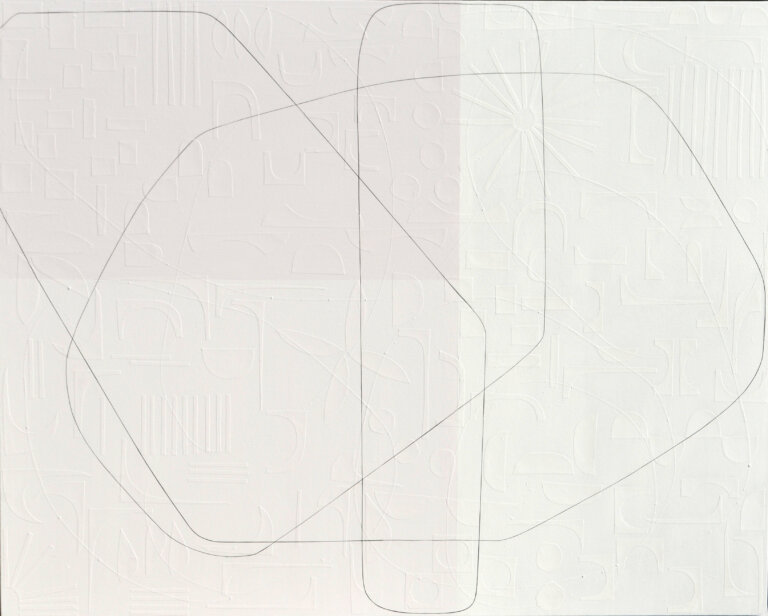an abstract mixed media piece on canvas. the left 3/5 of the piece are pale blush, with the bottom left corner being an even lighter shade. the remainder of the piece is white. there is a thin line that snakes its way across the piece. On the surface, this canvas appears as though it consists of lines that form abstract shapes, atop geometrically straight rectangles, all applied by the stroke of a paintbrush. However, as you step forward the lines of these shapes disconnect from the canvas and you notice each was placed on by hand: using hand-cut, extremely fine thin strips of paper masterfully layered upon the canvas. Moreover, once this realisation sets in, you suddenly become aware of an entirely new layer of texture. Different hand-cut shapes of paper adhere to the canvas before any painting takes place. Creating a degree of texture and depth to delightfully unexpected.