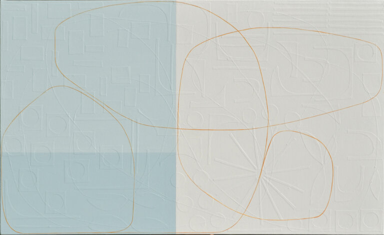 an abstract mixed media piece on canvas. the right half of the canvas is white, and the left half is split horizontally into two pale blue rectangles, the bottom one being darker. there is a thin orange line that snakes its way across the canvas. On the surface, this canvas appears as though it consists of lines that form abstract shapes, atop geometrically straight rectangles, all applied by the stroke of a paintbrush. However, as you step forward the lines of these shapes disconnect from the canvas and you notice each was placed on by hand: using hand-cut, extremely fine thin strips of paper masterfully layered upon the canvas. Moreover, once this realisation sets in, you suddenly become aware of an entirely new layer of texture. Different hand-cut shapes of paper adhere to the canvas before any painting takes place. Creating a degree of texture and depth to delightfully unexpected.