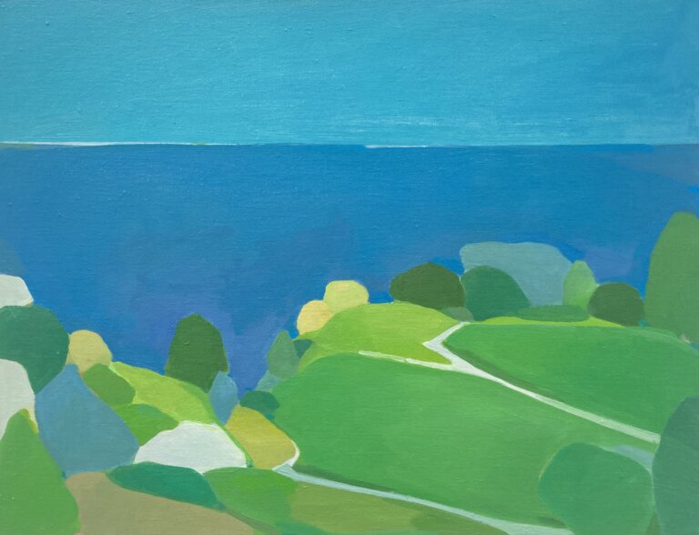 an abstract landscape painted in oil on linen. this piece features a wide aqua sky over a deep blue sea. in the foreground are rolling emerald and celadon hills with multicolored lime, emerald, kelly, army, and teal colored trees. there are thin white roads snaking across the hills.