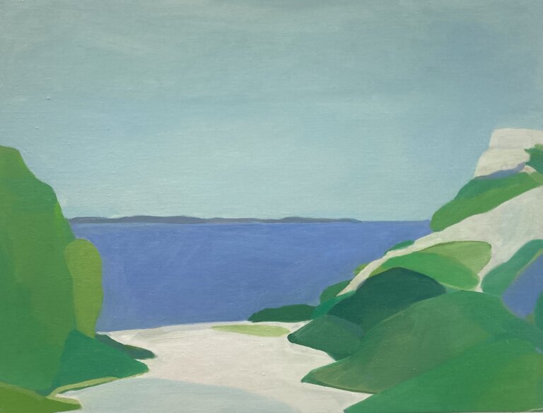 an abstract landscape painted in oil on linen. this piece has a sprawling pale blue sky above a bright cool blue sea. in the foreground are emerald and white hills leading down to a sandy embankment. in the distance, there is a sliver of purple mountains at the horizon line