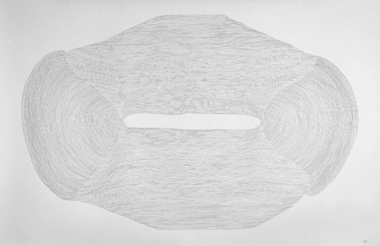 an abstract graphite piece on paper created with thin almost parallel winding lines giving the impression of a large horizontal, irregularly shaped oval. the center is hollow.