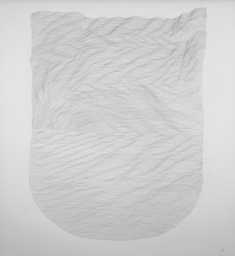 an abstract graphite piece on paper created with thin almost parallel winding lines giving the impression of a rectangle with the bottom two corners rounded out. the lines create an effect like a topographical map
