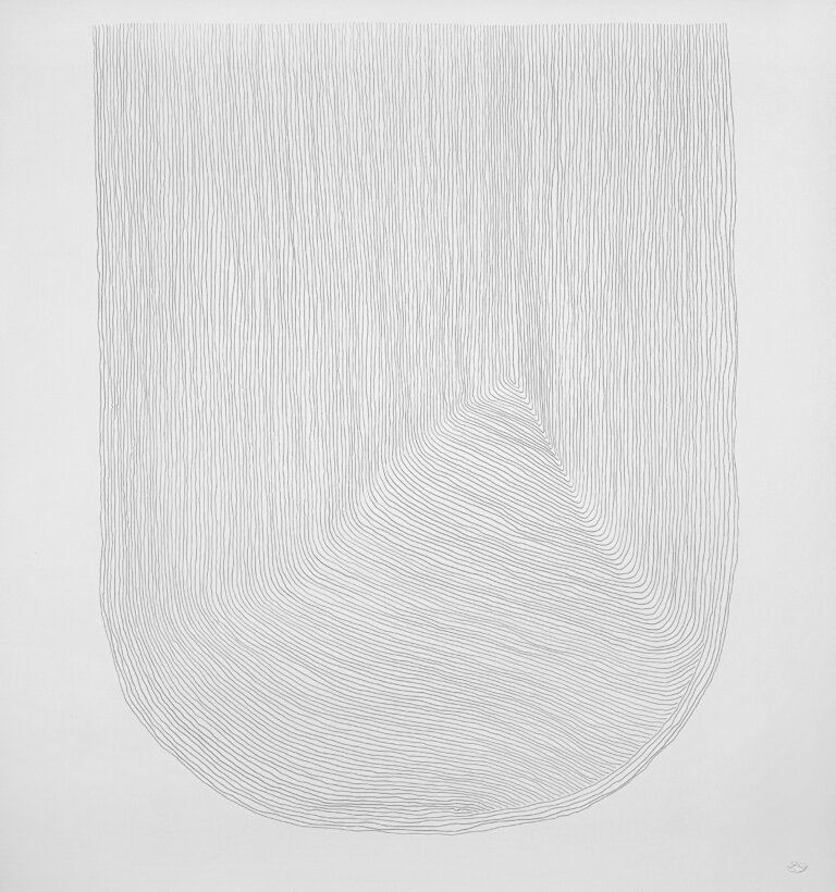 an abstract graphite piece on paper created with thin almost parallel winding lines giving the impression of a rectangle with the bottom two corners rounded out. the lines create an effect like a hair or long thin spaghetti noodle