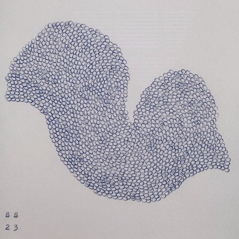 an abstract piece on paper created with cobalt blue typewriter ink with the repeated letter "o" over and over to create a wavy shape. the artist's signature, "SS" is in the bottom left corner with the year "23"