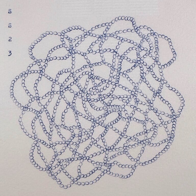 an abstract piece on paper created with cobalt blue typewriter ink with the repeated letter "o" over and over to create a wavy tangled shape. the artist's signature, "SS" is in the top left corner with the year "23"