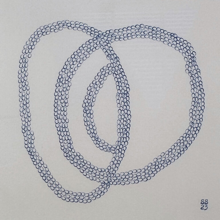 an abstract piece on paper created with cobalt blue typewriter ink with the repeated letter "o" over and over to create two interlocking oval shapes with a small parentheses shape inside. the artist's signature, "SS" is in the bottom right corner with the year "23"