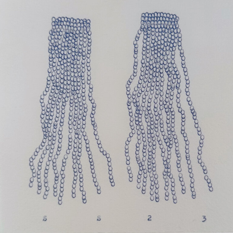 an abstract piece on paper created with cobalt blue typewriter ink with the repeated letter "o" over and over to create two shapes. each one starts with a 10 vertical "strands" of "o's" attached but slowly fraying outward. the artist's signature, "SS" is at the bottom with the year "23"