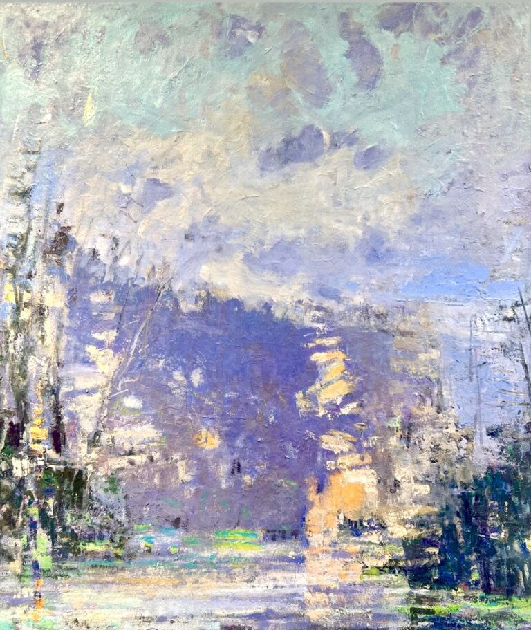 an abstract landscape depicting a lake and mountains. the lake has a few trees on either side. the sky is cloudy with hues of violet, mint, cream, and periwinkle. the mountains are a deep violet color. the trees are a deep teal with indigo accents. the brush strokes are painted in a style that is scratchy and rough, creating lots of impressionistic texture