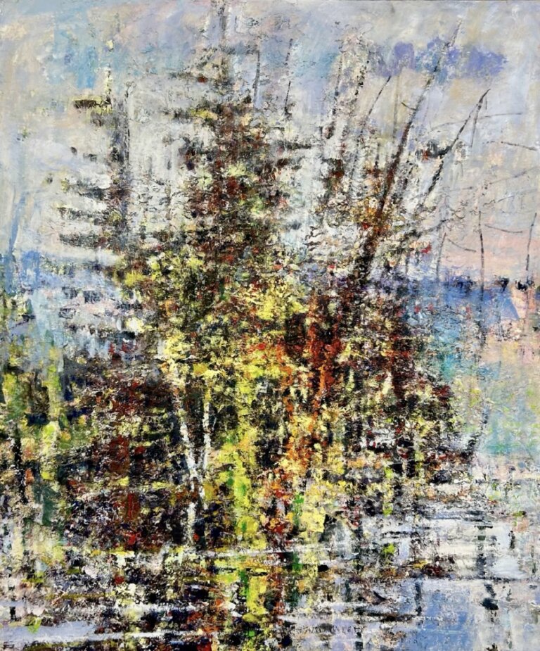 an abstract piece depicting a few birch trees next to a lake. the colors are primarily red, yellow, black, and green, with a soft background of pastel blue, peach, lilac, and gray. the brush strokes are painted in a style that is scratchy and rough, creating lots of impressionistic texture