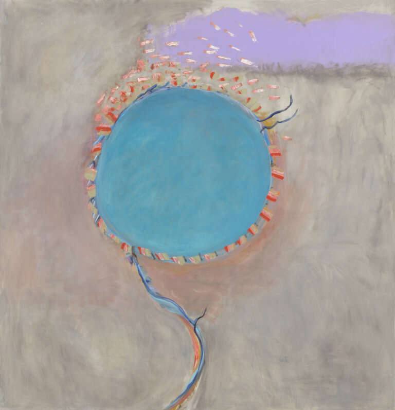 an abstract piece with a hazy gray and tan background. the center of the piece is occupied by a large electric blue circle. around the perimeter of the circle are several short neon red and tan marks radiating outward like rays of the sun. towards the top of the piece is a pale lavender lumpy cloud. there is a small branch of energy arcing down from the circle towards the bottom of the piece.