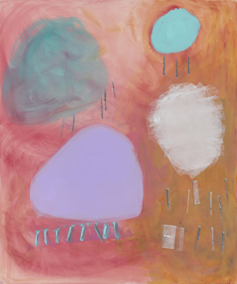 an abstract piece with a hazy background of half orange (right) and half rosy pink (left). in the foreground are four lumpy shapes: a bright cyan circle, a translucent aqua circular shape, a lumpy lilac rounded triangle, and a scrubby white cloud. there are a few dashes of aqua and white around the piece.