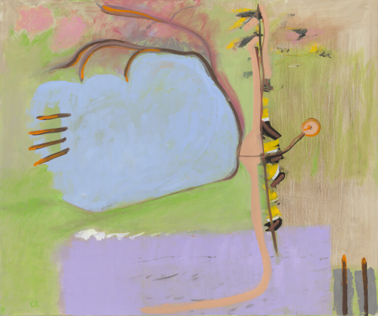 an abstract piece with a hazy lime green and tan background. there is a large lilac rectangle towards the bottom. there is a large blue cloudy shape in the center. there are a few wild swooping lines in mauve, sepia, and peach throughout the piece that convey a feeling of searching.