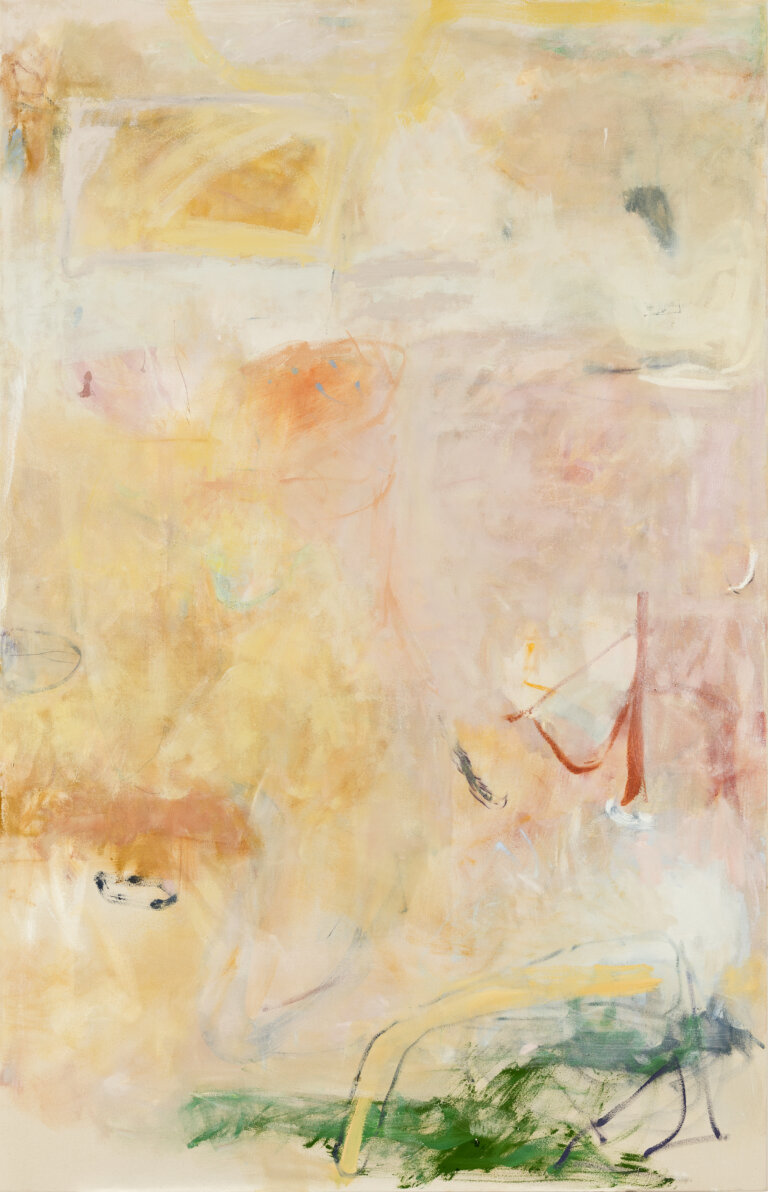 an abstract piece with a hazy background created with a blend of colors, including peach, tangerine, white, gold, and pale pink. there are a few scratchy green marks toward the bottom of the piece, and a few red and yellow scratchy lines throughout it.