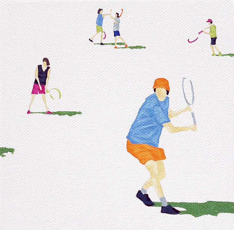 a minimalistic scene depicting 5 tennis players against a white background. there is a small green shadow under each player. in the top right corner, there is a player in a lime green shirt and shoes and dark blue pants holding a pink racket and wearing a pink hat. in the top center, there is a player in a gray shirt, royal blue shorts, and orange shoes holding an orange racket who is high fiving another player, wearing a sky blue shirt, lime green shorts, and black shoes holding a magenta racket. at the left center of the piece, there is a female player wearing pink shoes, pink shorts, and an indigo top, holding a lime green racket. the primary figure of the piece is a male player wearing an orange hat and shorts, a sky blue shirt, and wearing gray socks with indigo shoes. he holds a gray racket as if he is mid-backhand.