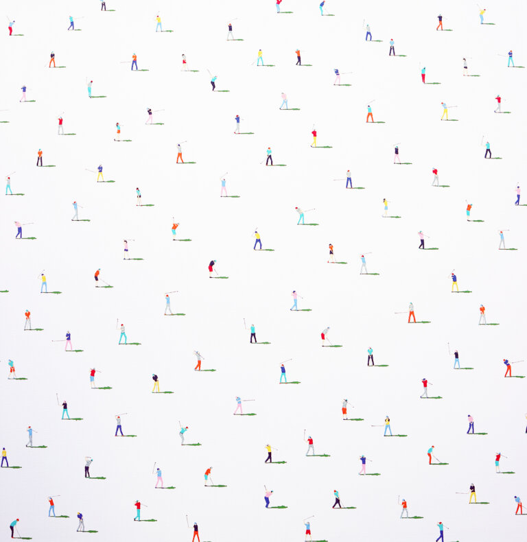 a minimalistic scene depicting numerous golfers all midswing against a white background. they wear brightly colored golf clothes in shades of mint, yellow, purple, white, peach, pale pink, red, orange, powder blue, yellow, violet, bubblegum pink, and indigo. each golfer holds a club and has a small shadow painted in the shade of green of golf course grass, indicating that these golfers are on the course mid-game.