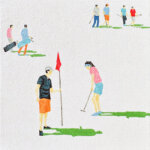 a minimalistic scene depicting 5 tennis players against a white background. there is a small green shadow under each player. in the top right corner are two pairs of golfers walking and talking. the right pair has a player with a red shirt and gray shorts and hat along with a figure with a mint shirt and shoes and charcoal pants. the left pair has a figure in a light blue shirt and orange shorts and hat and a figure with a gray shirt and cerulean pants. there are two figures in the top left, both carrying bags of golf clubs. one figure in a powder blue shirt and orange pants carries a cyan-colored bag, and the other figure has a bubblegum pink shirt, gray pants, and a charcoal colored bag. in the foreground are two primary figures. the man on the left wears a charcoal shirt, electric orange shorts, a light gray hat, and charcoal shoes. he is holding a red flag on a thin gray pole, marking the hole on the course. a woman stands next to him, mid-putt, wearing a bubblegum pink shirt, a light blue skirt, and powder blue visor and shoes.