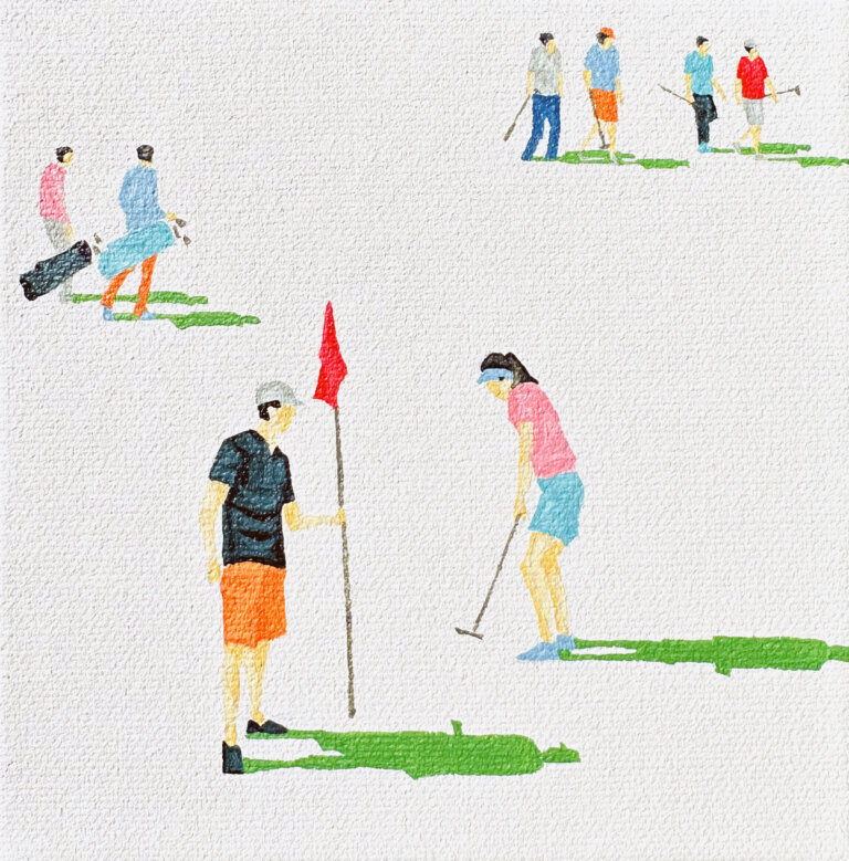 a minimalistic scene depicting 5 tennis players against a white background. there is a small green shadow under each player. in the top right corner are two pairs of golfers walking and talking. the right pair has a player with a red shirt and gray shorts and hat along with a figure with a mint shirt and shoes and charcoal pants. the left pair has a figure in a light blue shirt and orange shorts and hat and a figure with a gray shirt and cerulean pants. there are two figures in the top left, both carrying bags of golf clubs. one figure in a powder blue shirt and orange pants carries a cyan-colored bag, and the other figure has a bubblegum pink shirt, gray pants, and a charcoal colored bag. in the foreground are two primary figures. the man on the left wears a charcoal shirt, electric orange shorts, a light gray hat, and charcoal shoes. he is holding a red flag on a thin gray pole, marking the hole on the course. a woman stands next to him, mid-putt, wearing a bubblegum pink shirt, a light blue skirt, and powder blue visor and shoes.
