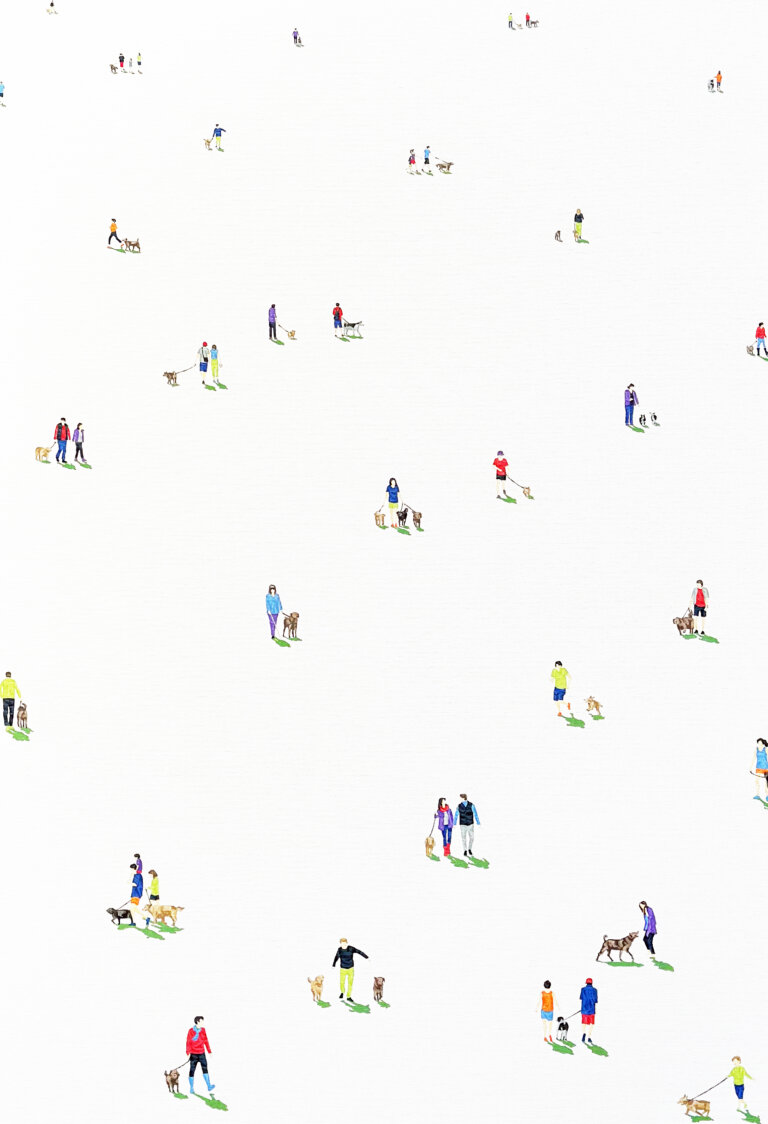 a minimalist scene on a white background with scattered figures or groups of figures walking different kinds of dogs on leashes