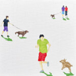 a minimalistic scene depicting people walking and playing with their dogs. there is a small green shadow under each figure. in the top right corner, two people walk a brown dog. one person has a red shirt, dark blue pants, and gray shoes. the other person has a purple shirt, electric blue shorts, and blue shoes. at the left middle, a person in an indigo shirt, purpple shorts, and black shoes walks a brown retriever. in the foreground, in the bottom right corner, a man with black hair, a lime green shirt, red shorts, and gray shoes runs with a light brown dog.