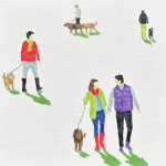 a minimalistic scene depicting people walking and playing with their dogs. there is a small green shadow under each figure. in the top right corner there is a figure in lime green pants and a black jacket walking next to a black dog. in the top center there is a figure in an electric blue ballcap, a gray shirt, and black pants walking a large chocolate colored dog and a large tan dog. in the left center there is a figure wearing a red shirt, lime green scarf, gray pants, and black boots walking a tan doodle. in the foreground, in the bottom right corner there is a couple holding hands and walking with a brown dog; the man on the right wears a purple vest and shoes with black pants and a gray longsleeve shirt. the woman on the left wears a lime green jacket, an electric blue shirt, blue jeans, and red boots and a red scarf.