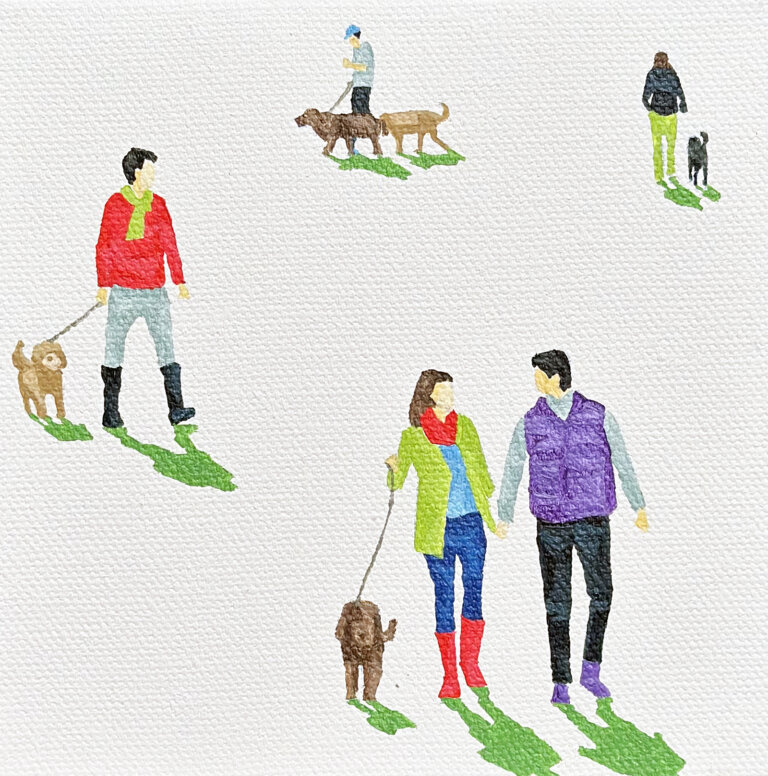 a minimalistic scene depicting people walking and playing with their dogs. there is a small green shadow under each figure. in the top right corner there is a figure in lime green pants and a black jacket walking next to a black dog. in the top center there is a figure in an electric blue ballcap, a gray shirt, and black pants walking a large chocolate colored dog and a large tan dog. in the left center there is a figure wearing a red shirt, lime green scarf, gray pants, and black boots walking a tan doodle. in the foreground, in the bottom right corner there is a couple holding hands and walking with a brown dog; the man on the right wears a purple vest and shoes with black pants and a gray longsleeve shirt. the woman on the left wears a lime green jacket, an electric blue shirt, blue jeans, and red boots and a red scarf.