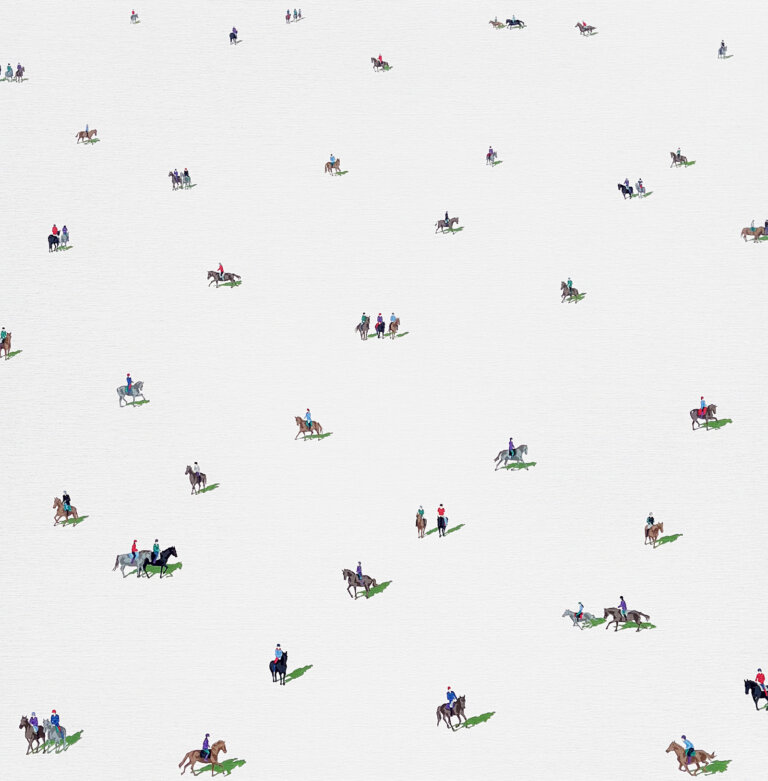a minimalist scene on a white background with scattered figures riding horses. there is a small green shadow under each figure.