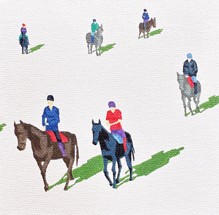 a minimalist scene on a white background with scattered figures riding horses. there is a small green shadow under each figure. there are two brown horses, two black horses, and two gray horses