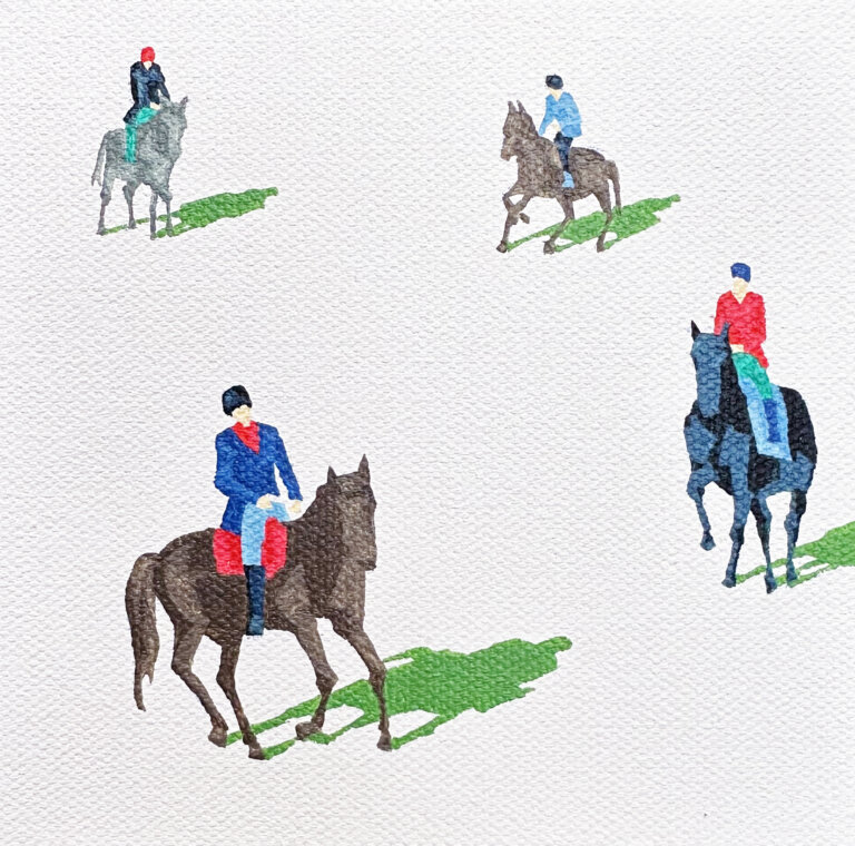 a minimalist scene on a white background with scattered figures riding horses. there is a small green shadow under each figure. there are two brown horses, one black horse, and one gray horse