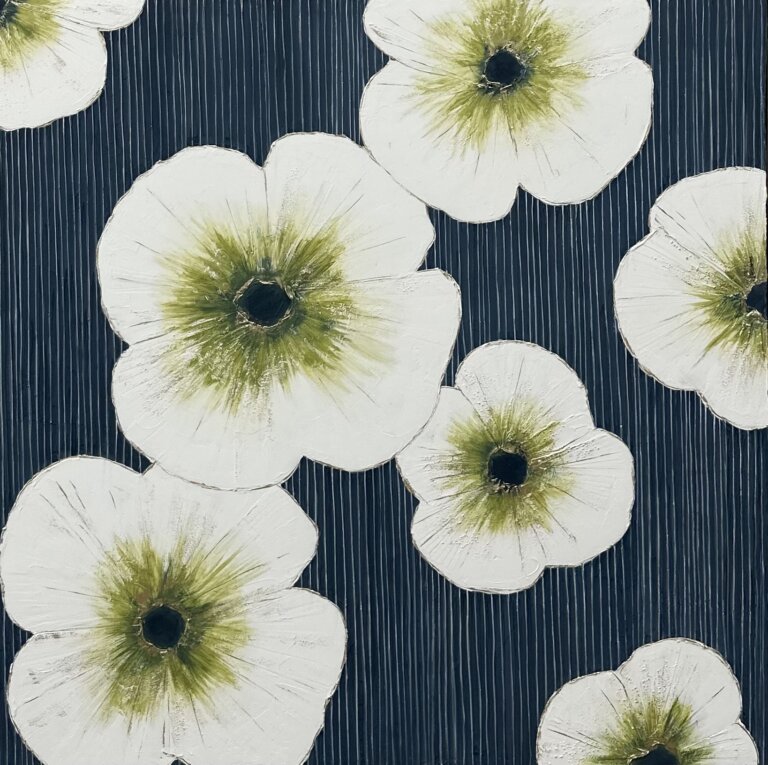 an abstract mixed media piece of several white poppies with green and black centers on a navy background. the background is textured with thin vertical stripes.