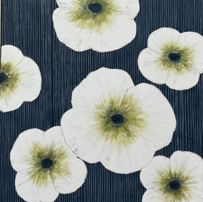 an abstract mixed media piece of several white poppies with green and black centers on a navy background. the background is textured with thin vertical stripes.