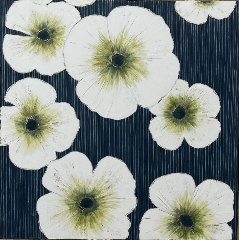 an abstract mixed media piece of several white poppies with green and black centers on a navy background. the background is textured with thin vertical stripes.