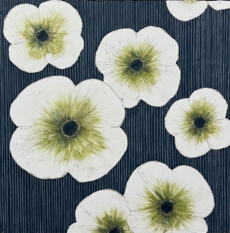 an abstract mixed media piece of several white poppies with green and black centers on a navy background. the background is textured with thin vertical stripes.