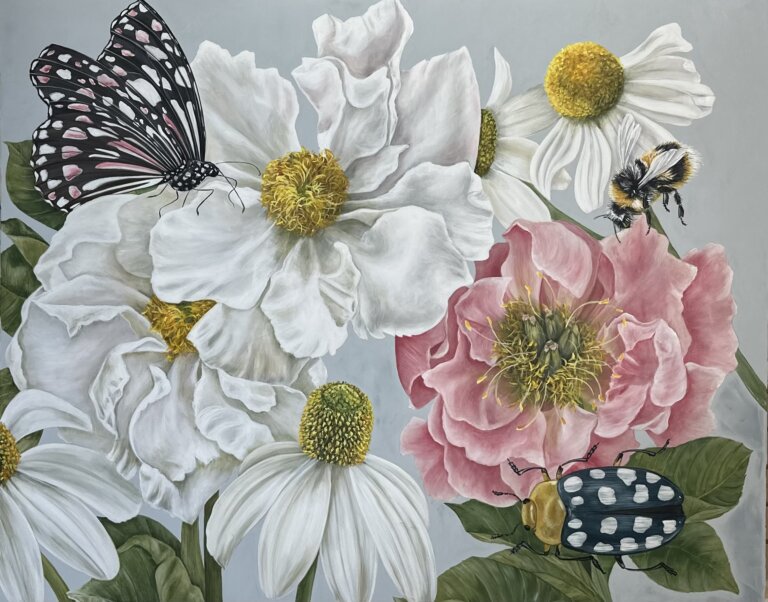 a mixed piece on canvas of two large ruffly white blossoms, four white rudbeckia flowers, and one large blush pink peony. there is a navy beetle with white spots and yellow head resting on the leaves below the peony. above the peony a bee bumbles into the picture, with a fluffy yellow and black striped body. there is a pink, black, and white butterfly resting on one of the fluffy white blossoms to the left.