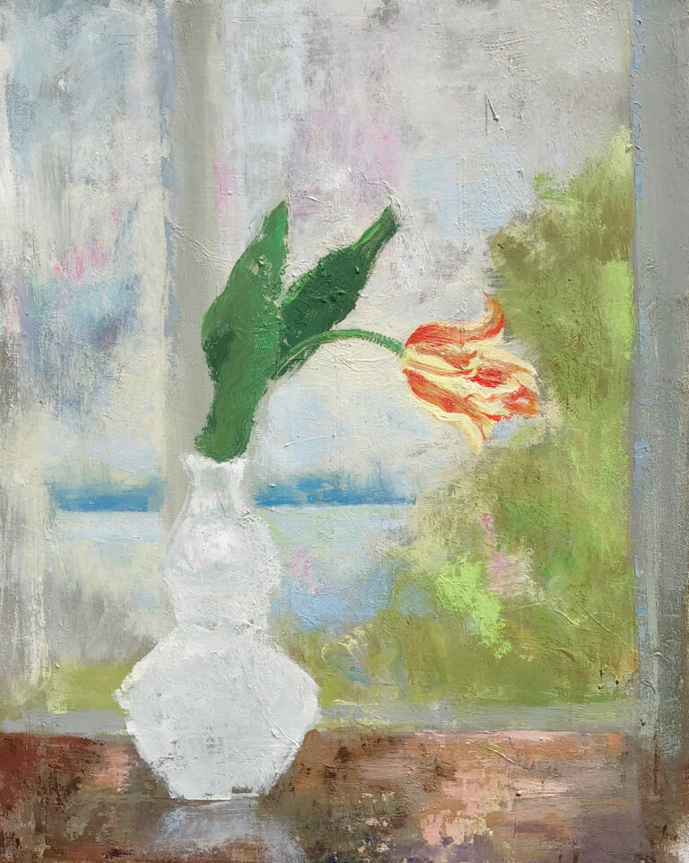 an impressionistic still life of a white vase bearing a single flame orange and yellow tulip on a brown table in front of a window. through the window is a hazy view of greenery, a pale body of water, and fluffy pink and gray clouds.