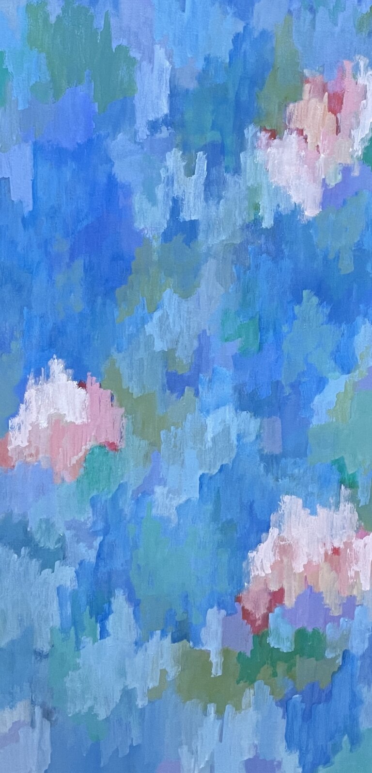 abstract piece in hues of green and blue with three large spots of rose in wavy patterns