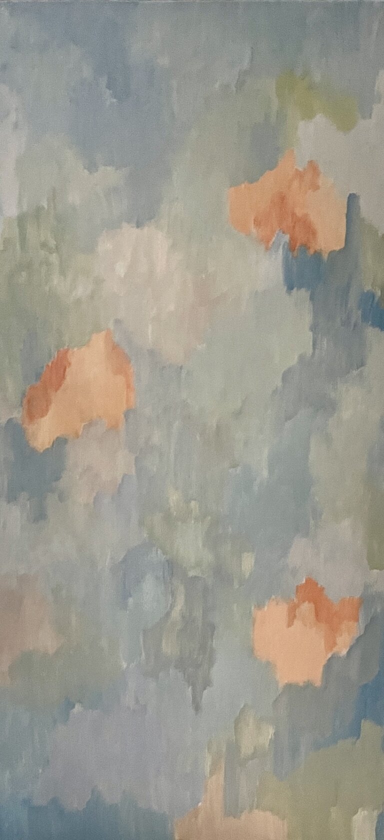 abstract piece in hues of green and blue with three large spots of rose in wavy patterns